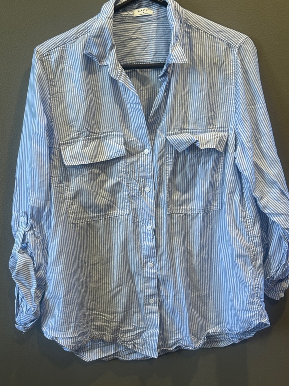 Babaton Blue White Striped Tencel Lyocell Button Down Utility Shirt Womens M
